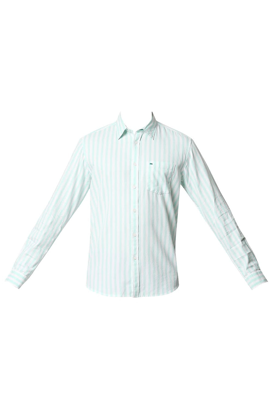 BASICS SLIM FIT BEACH GLASS GREEN TWILL STRIPE SHIRT
