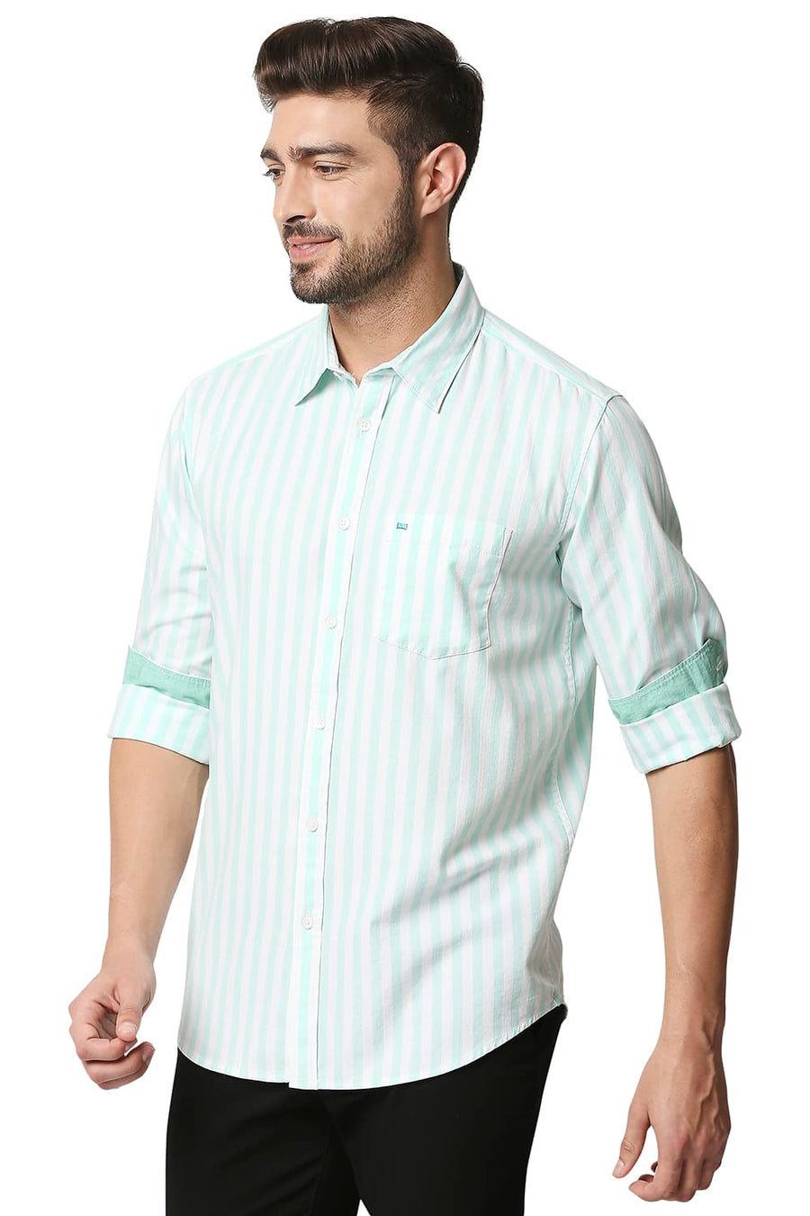 BASICS SLIM FIT BEACH GLASS GREEN TWILL STRIPE SHIRT