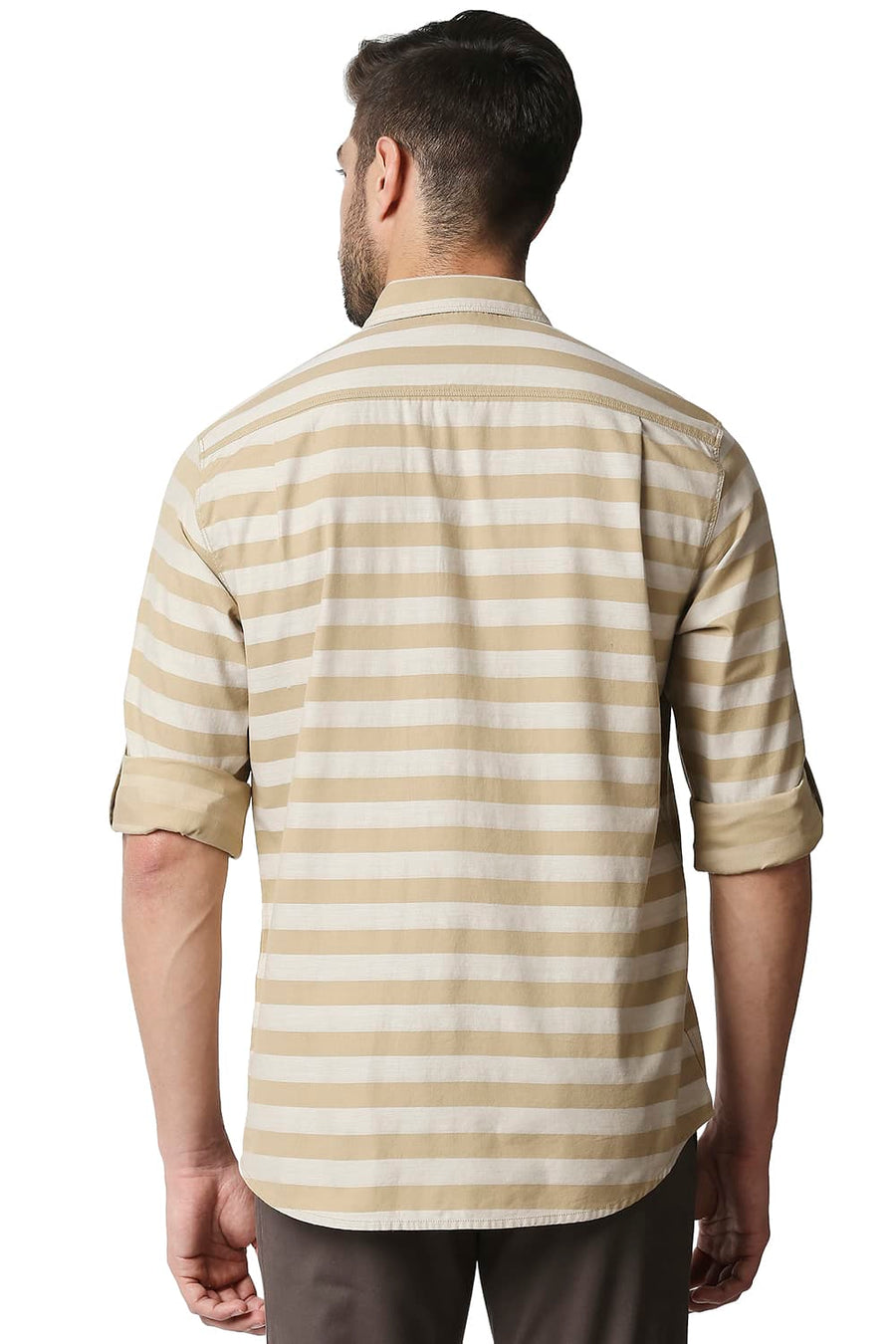 BASICS SLIM FIT LARK KHAKI TWILL WEFT STRIPE SHIRT