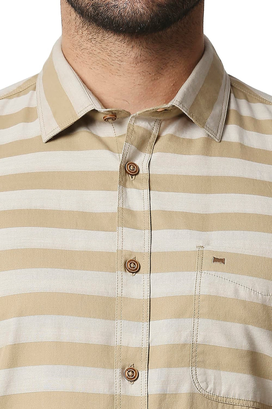 BASICS SLIM FIT LARK KHAKI TWILL WEFT STRIPE SHIRT