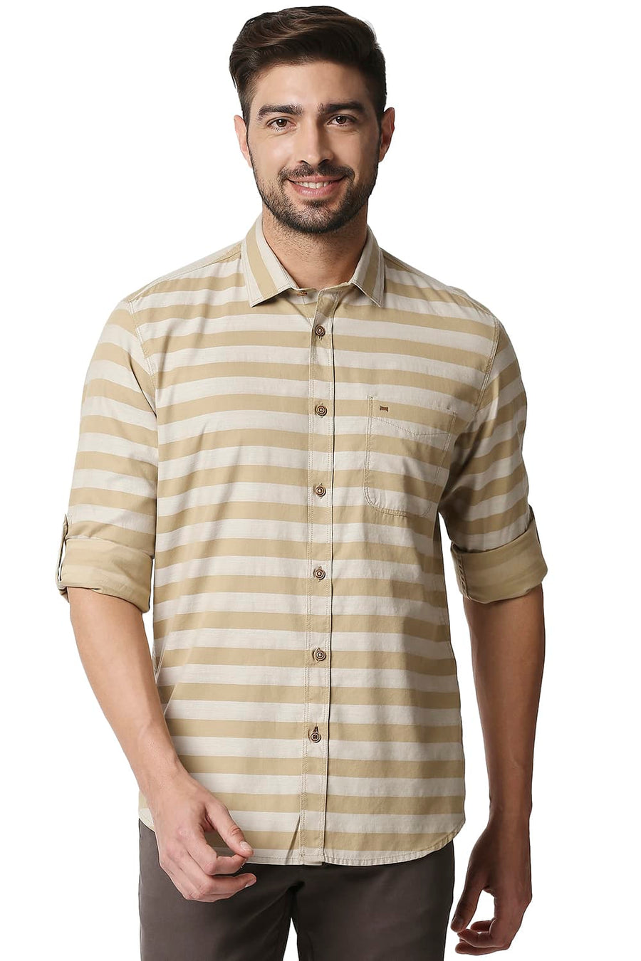 BASICS SLIM FIT LARK KHAKI TWILL WEFT STRIPE SHIRT