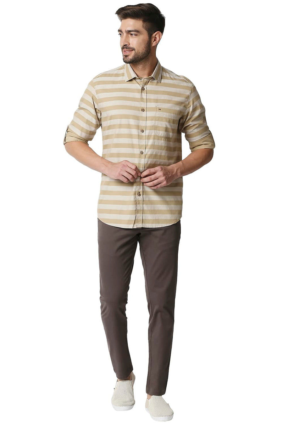 BASICS SLIM FIT LARK KHAKI TWILL WEFT STRIPE SHIRT
