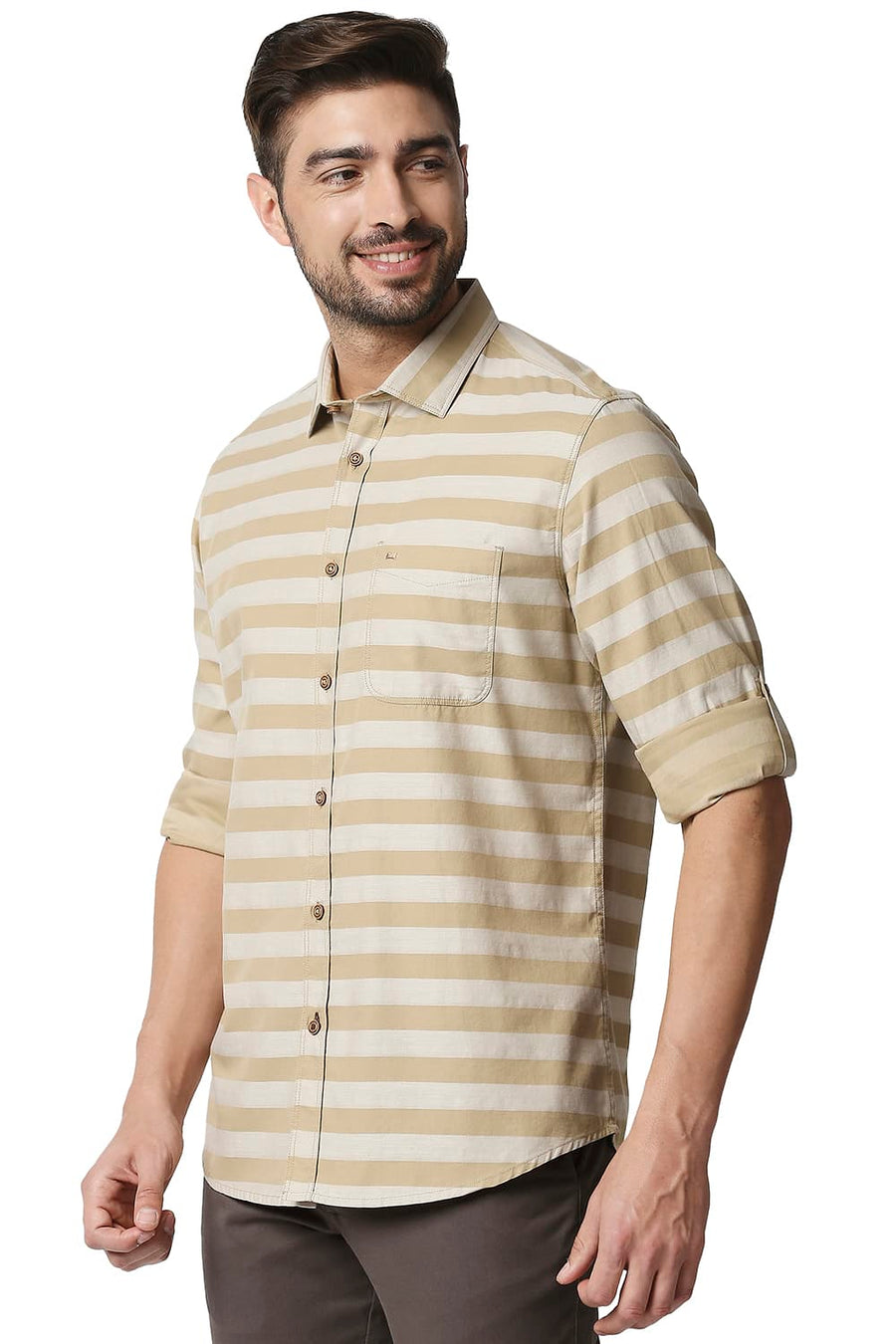 BASICS SLIM FIT LARK KHAKI TWILL WEFT STRIPE SHIRT