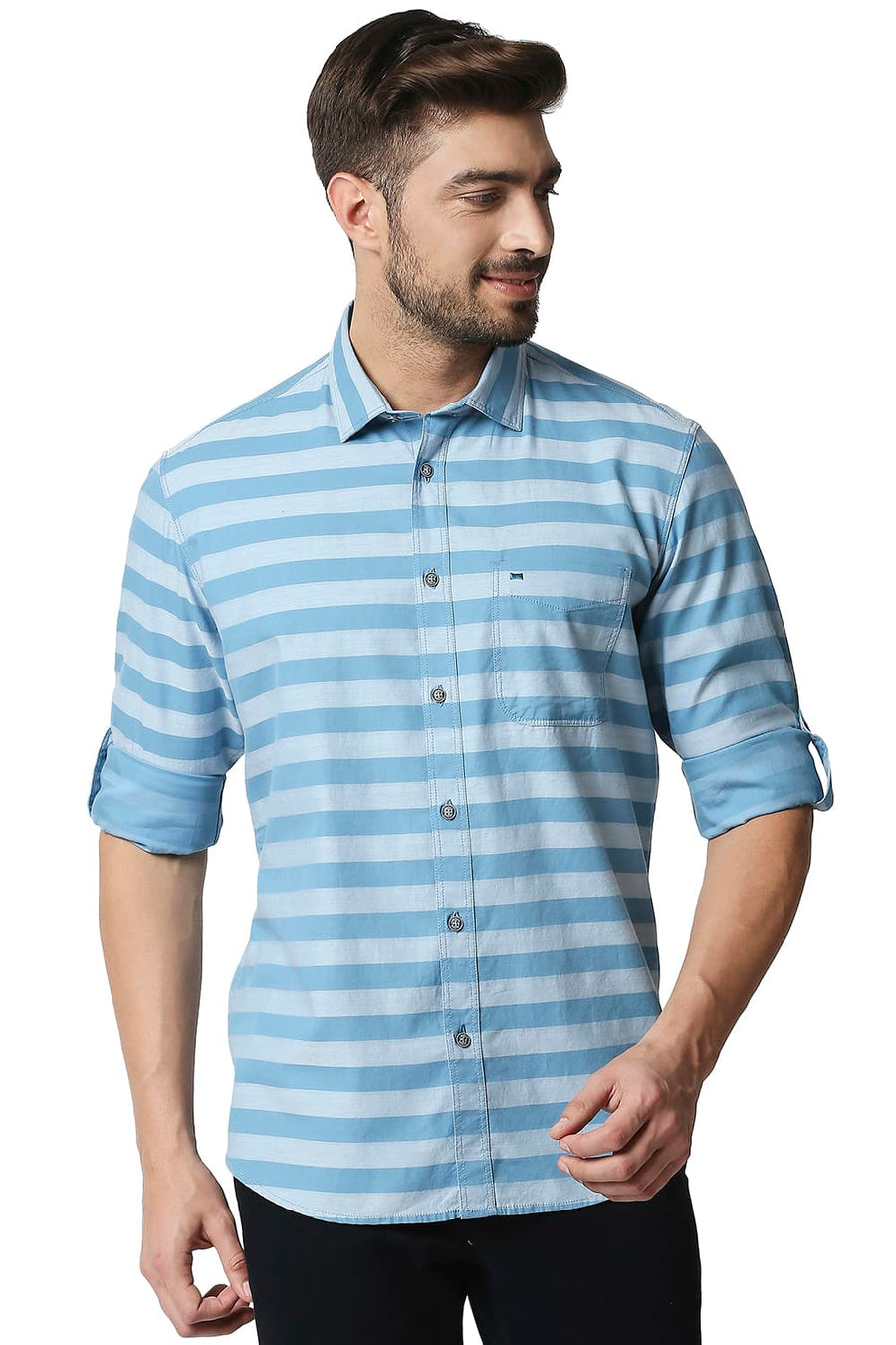 BASICS SLIM FIT HERITAGE BLUE TWILL WEFT STRIPE SHIRT