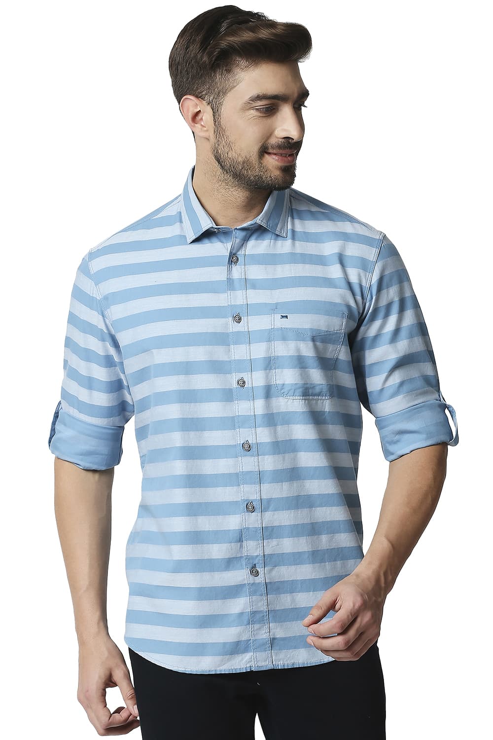 BASICS SLIM FIT TWILL WEFT STRIPE SHIRT