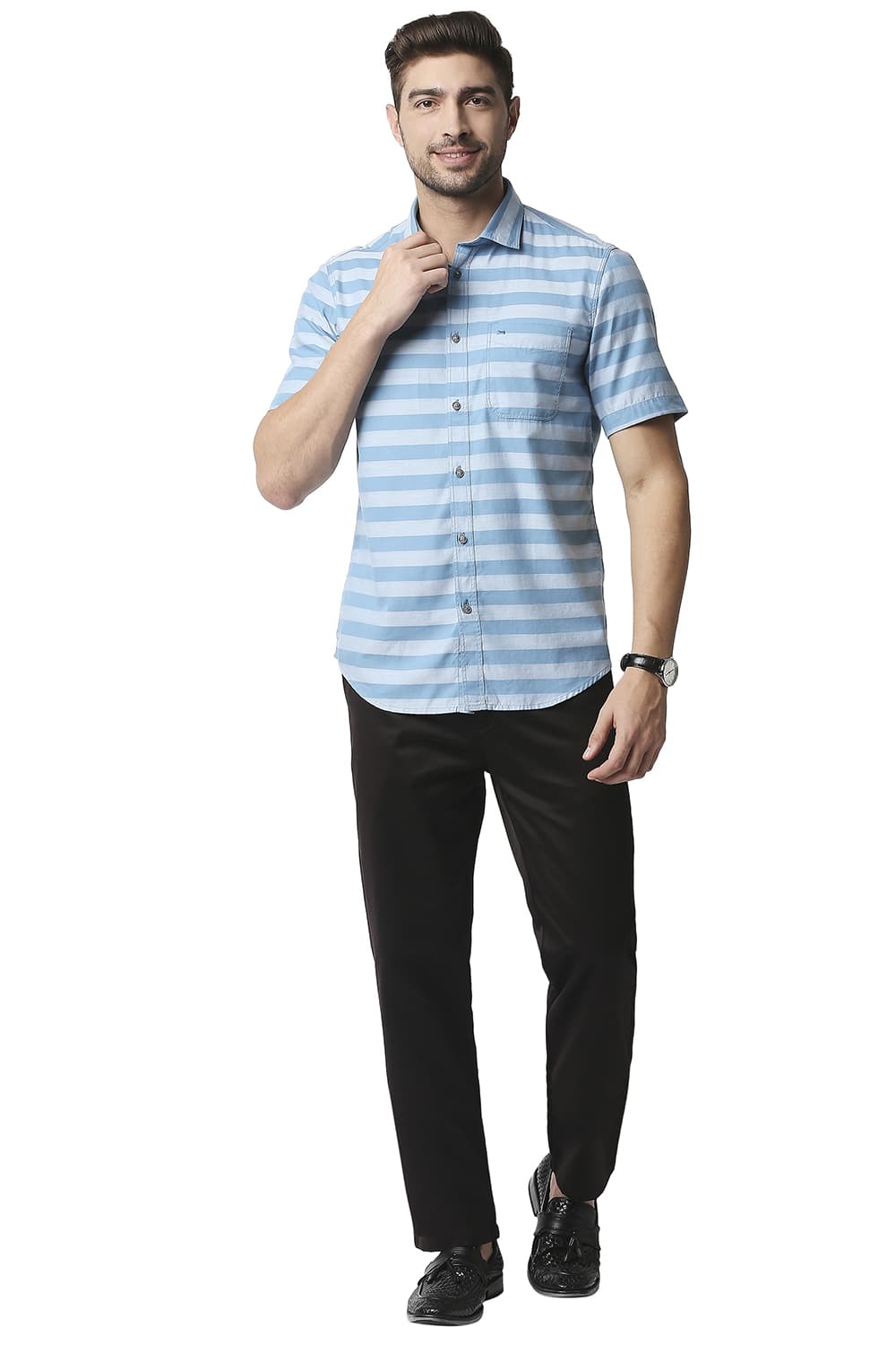 BASICS SLIM FIT TWILL WEFT STRIPE HALFSLEEVES SHIRT