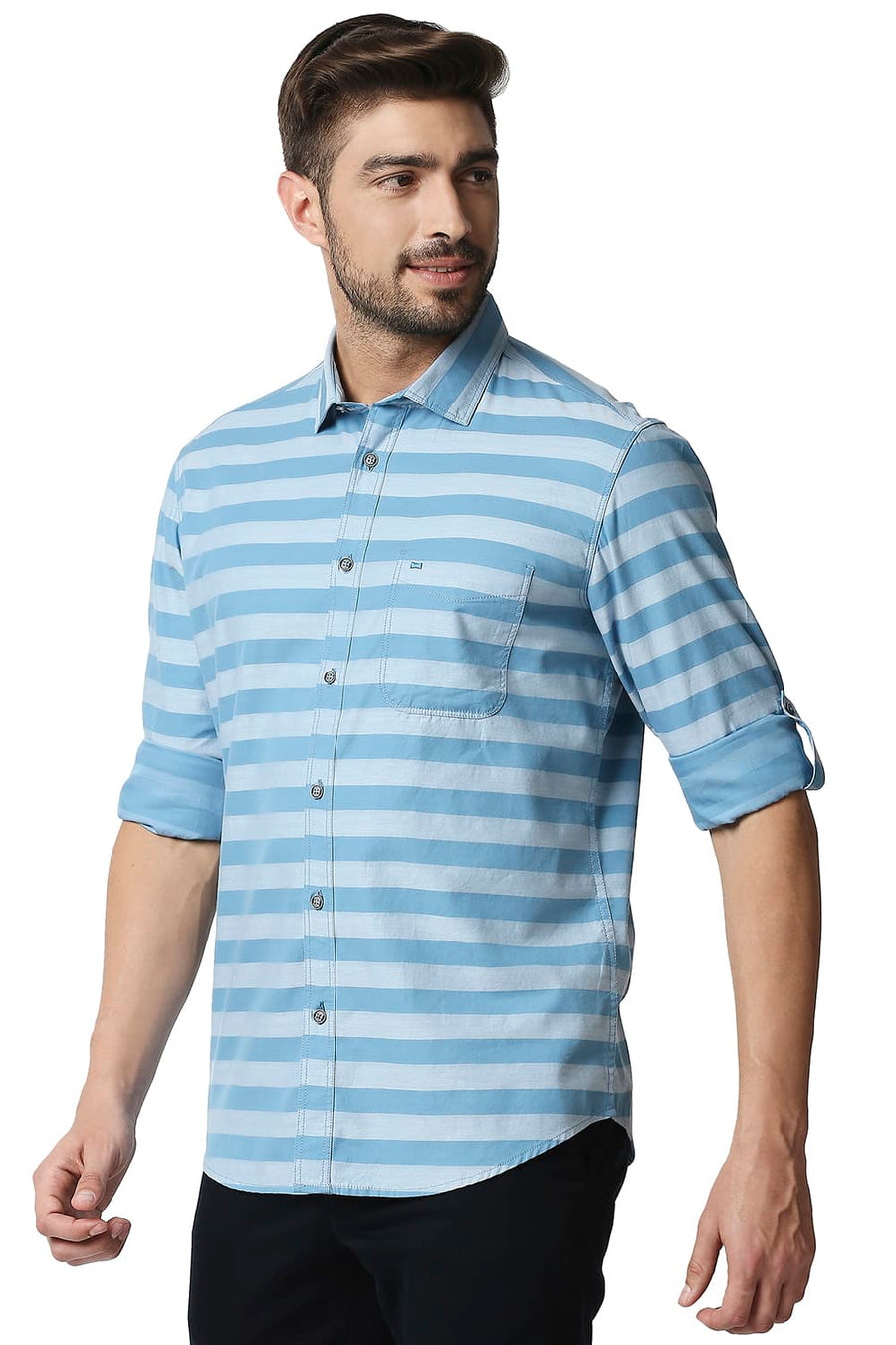 BASICS SLIM FIT HERITAGE BLUE TWILL WEFT STRIPE SHIRT