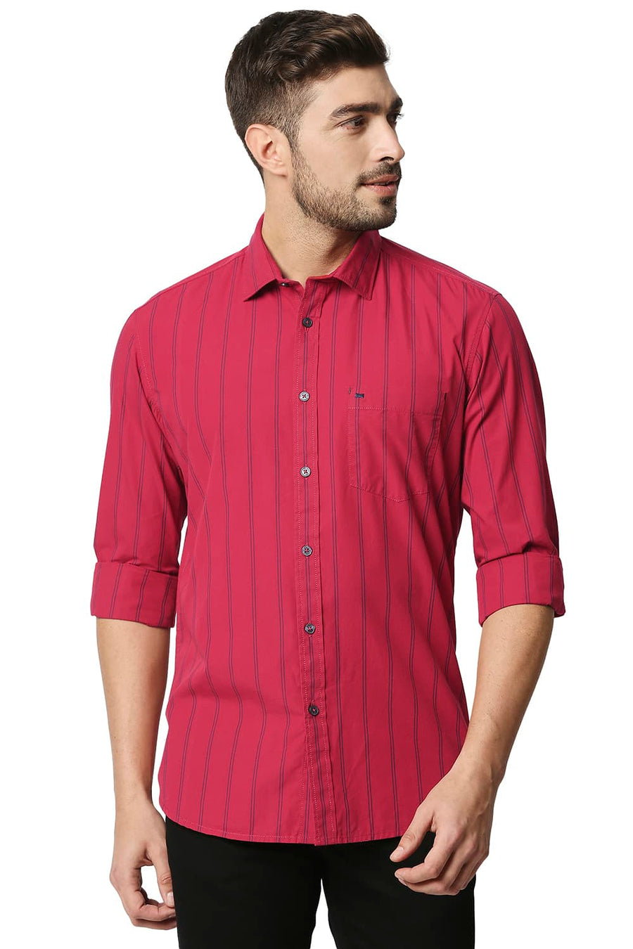 BASICS SLIM FIT CRIMSON RED STRIPE SHIRT