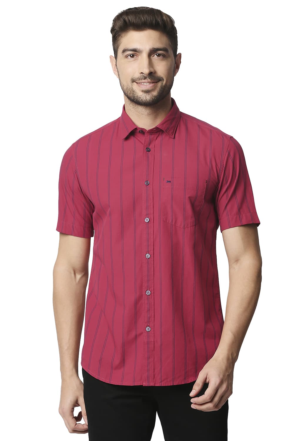 BASICS SLIM FIT STRIPE HALFSLEEVES SHIRT