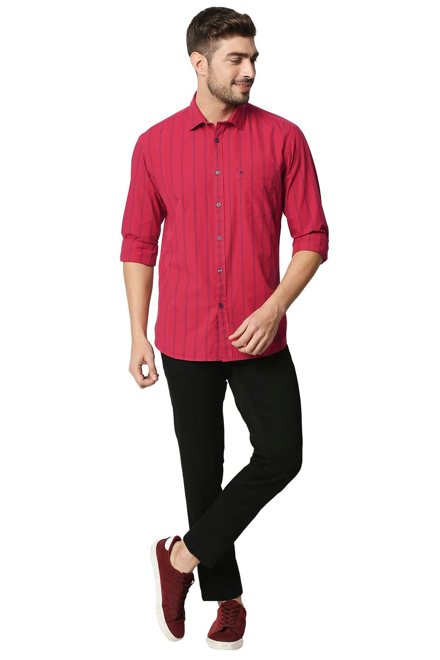 BASICS SLIM FIT CRIMSON RED STRIPE SHIRT