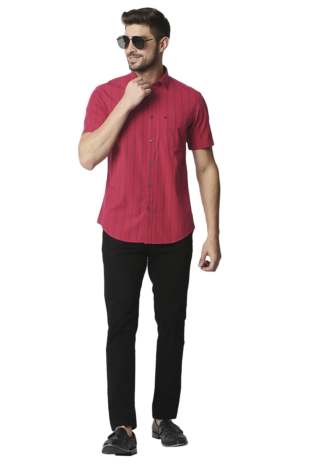 BASICS SLIM FIT STRIPE HALFSLEEVES SHIRT