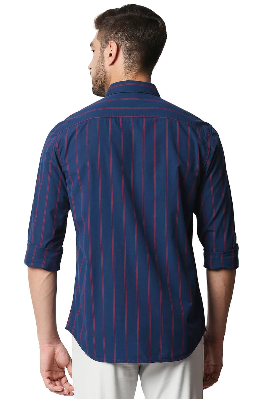 BASICS SLIM FIT DARK DENIM NAVY STRIPE SHIRT