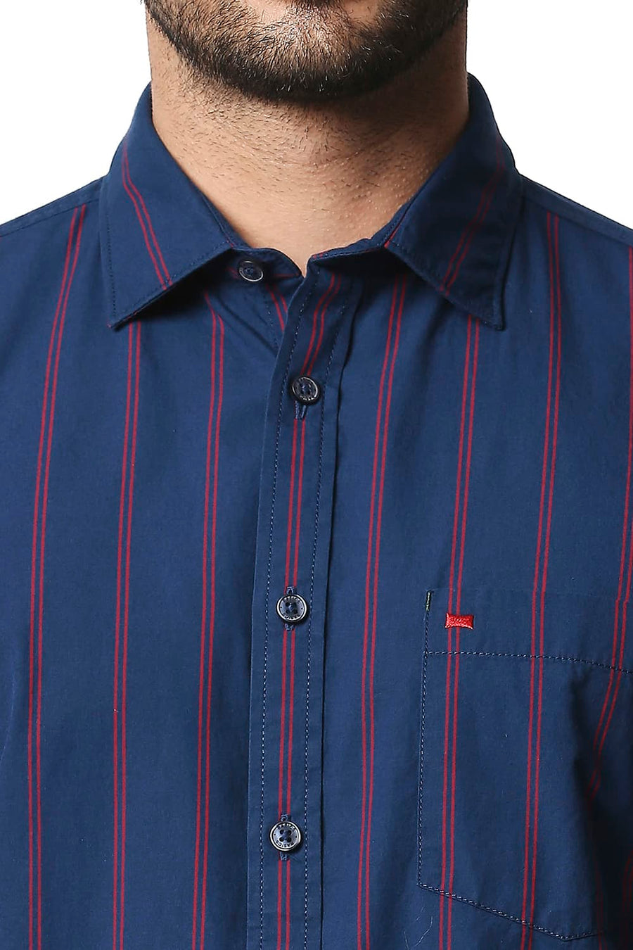 BASICS SLIM FIT DARK DENIM NAVY STRIPE SHIRT