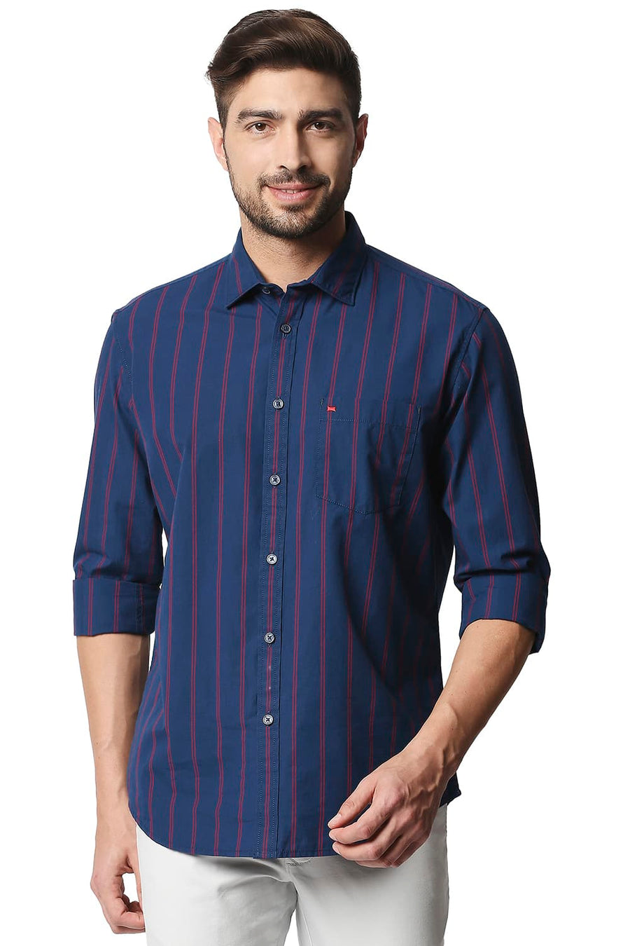 BASICS SLIM FIT DARK DENIM NAVY STRIPE SHIRT