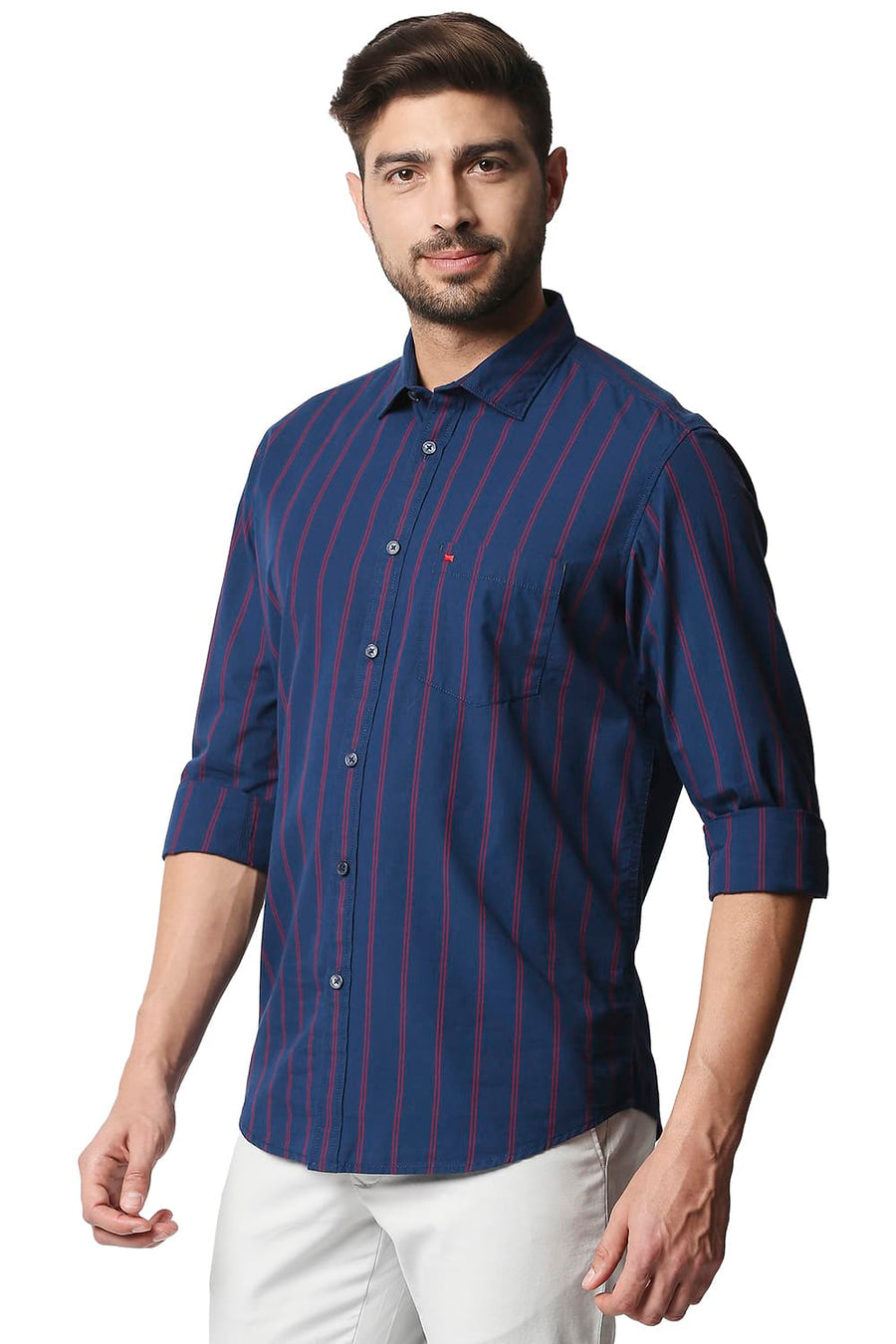 BASICS SLIM FIT DARK DENIM NAVY STRIPE SHIRT