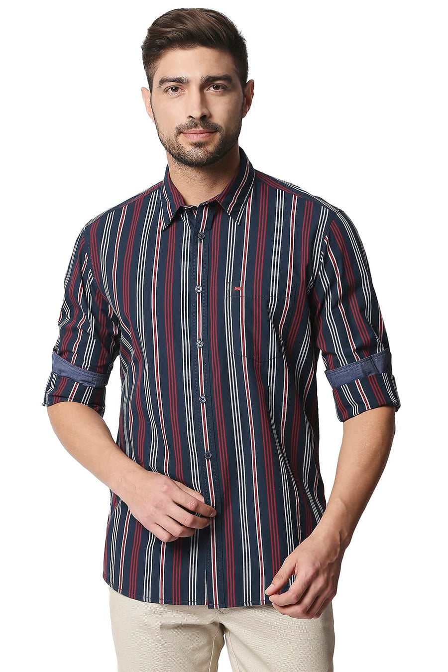 BASICS SLIM FIT OUTER SPACE NAVY STRIPE SHIRT