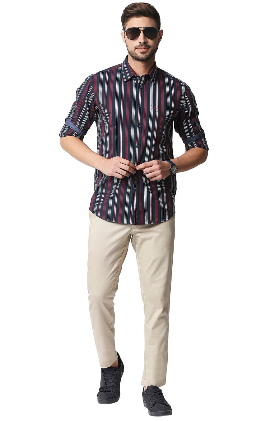 BASICS SLIM FIT OUTER SPACE NAVY STRIPE SHIRT