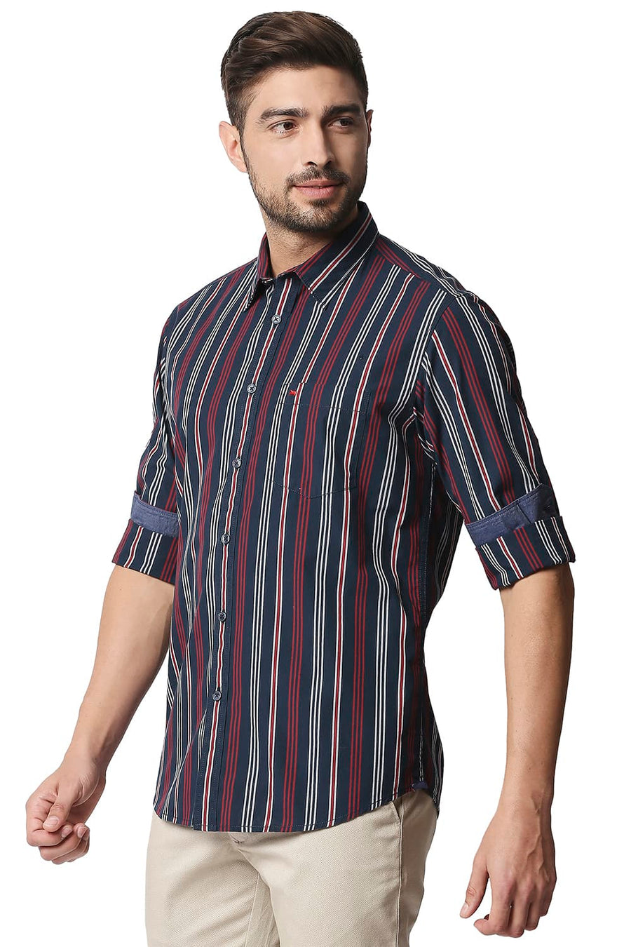 BASICS SLIM FIT OUTER SPACE NAVY STRIPE SHIRT