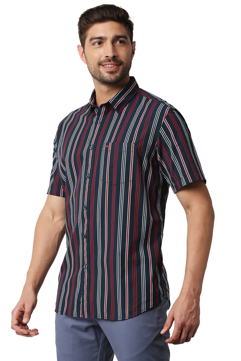 BASICS SLIM FIT STRIPE HALFSLEEVES SHIRT