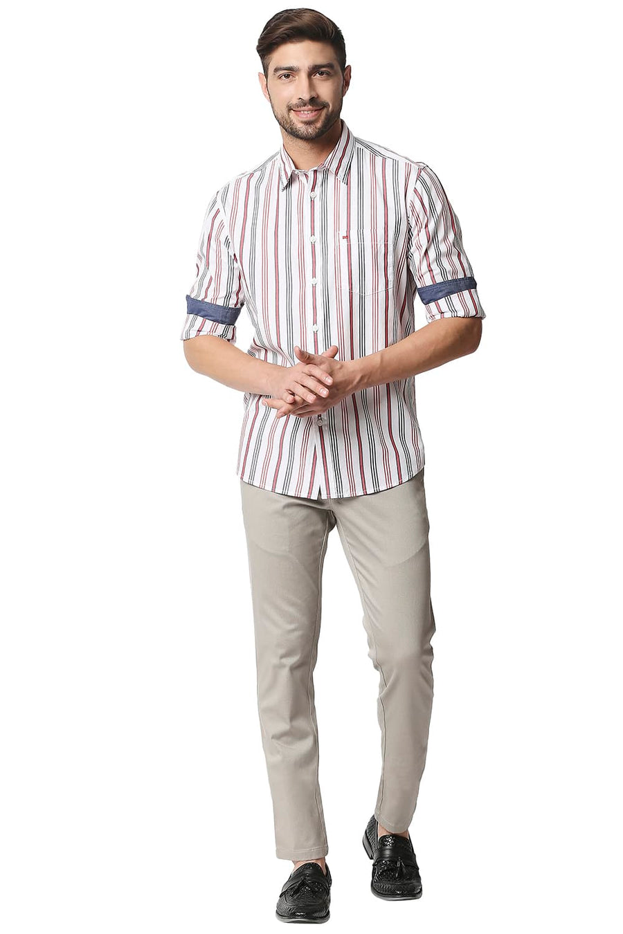 BASICS SLIM FIT CLOUD DANCER WHITE STRIPE SHIRT
