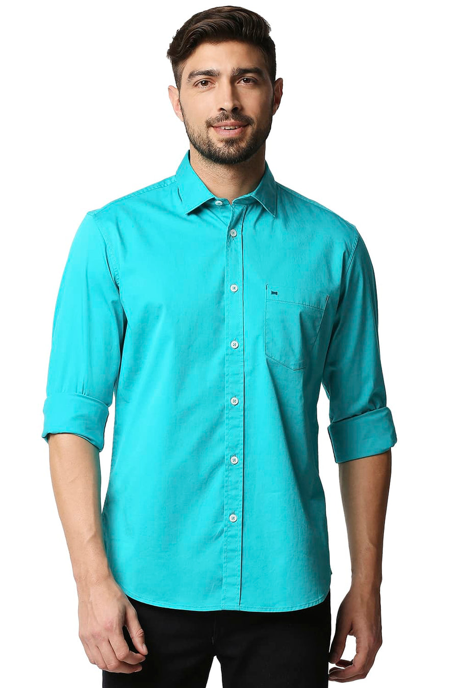 BASICS SLIM FIT TROPICAL GREEN TWILL STRETCH SHIRT
