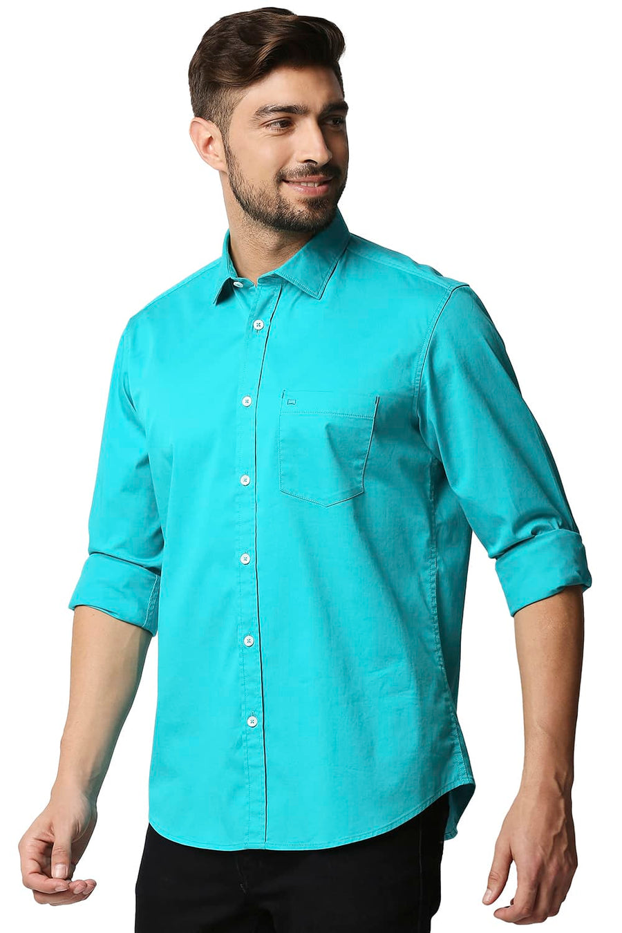 BASICS SLIM FIT TROPICAL GREEN TWILL STRETCH SHIRT