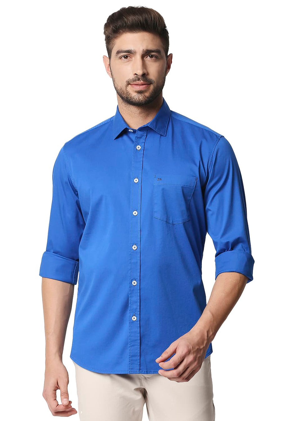 BASICS SLIM FIT SNORKEL BLUE TWILL STRETCH SHIRT