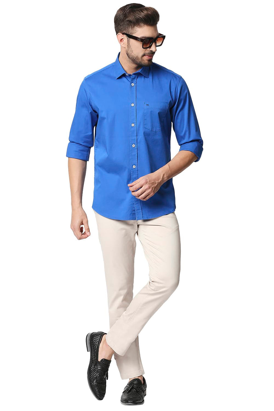 BASICS SLIM FIT SNORKEL BLUE TWILL STRETCH SHIRT