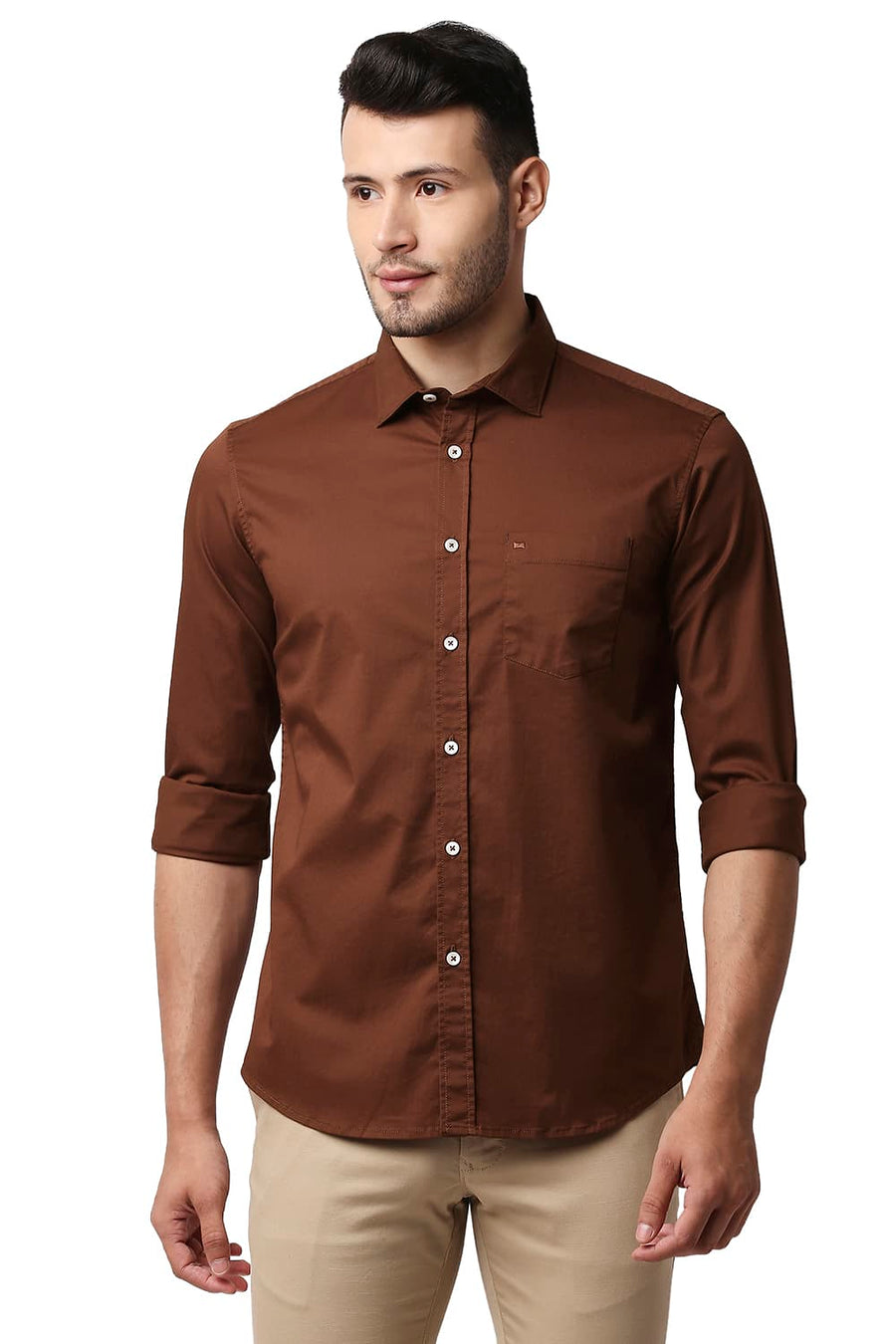 BASICS SLIM FIT SEQUOIA BROWN TWILL STRETCH SHIRT