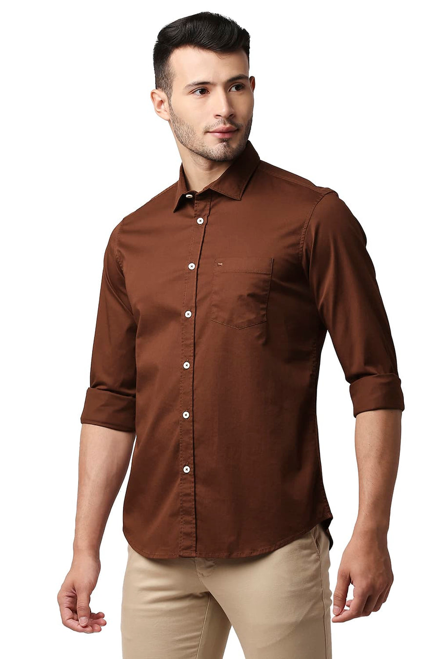 BASICS SLIM FIT SEQUOIA BROWN TWILL STRETCH SHIRT