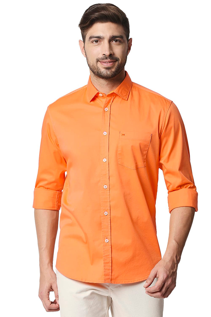 BASICS SLIM FIT NECTARINE ORANGE TWILL STRETCH SHIRT