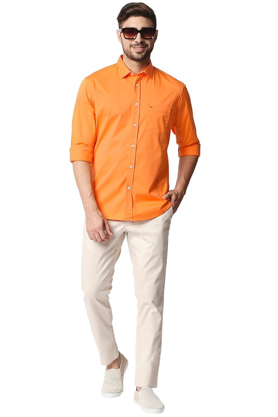 BASICS SLIM FIT NECTARINE ORANGE TWILL STRETCH SHIRT