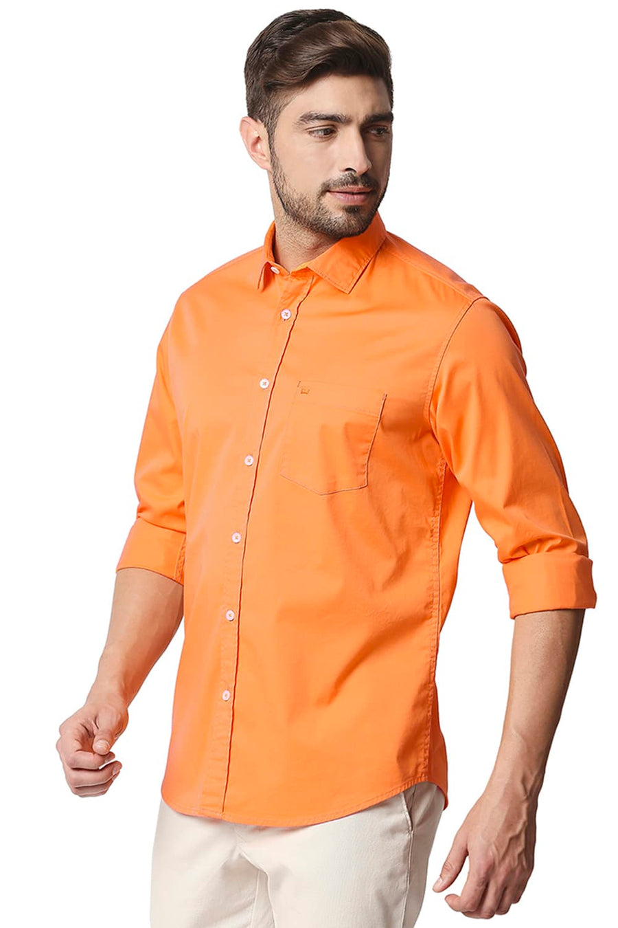 BASICS SLIM FIT NECTARINE ORANGE TWILL STRETCH SHIRT
