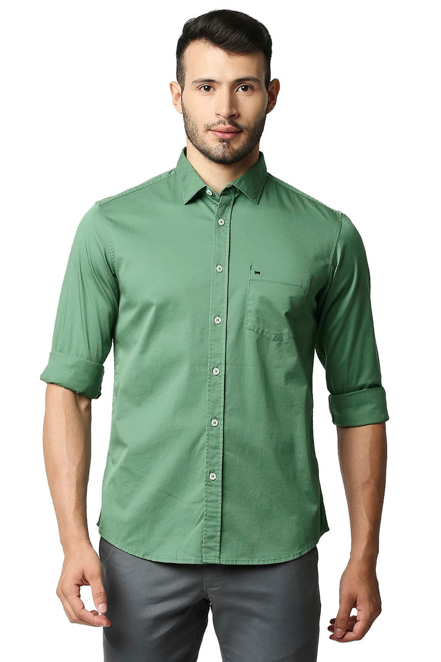 BASICS SLIM FIT COMFREY GREEN TWILL STRETCH SHIRT