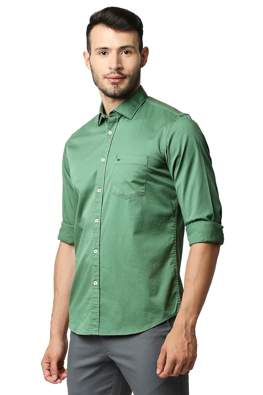 BASICS SLIM FIT COMFREY GREEN TWILL STRETCH SHIRT