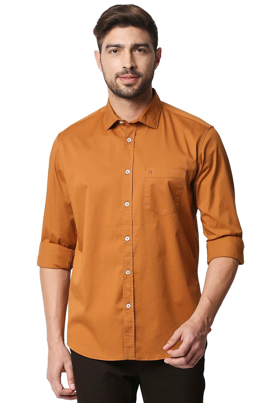 BASICS SLIM FIT ROASTED KHAKI TWILL STRETCH SHIRT