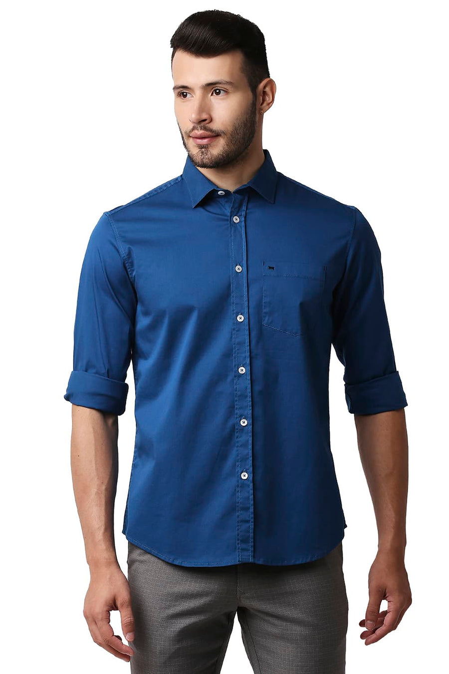 BASICS SLIM FIT FAIENCE BLUE TWILL STRETCH SHIRT