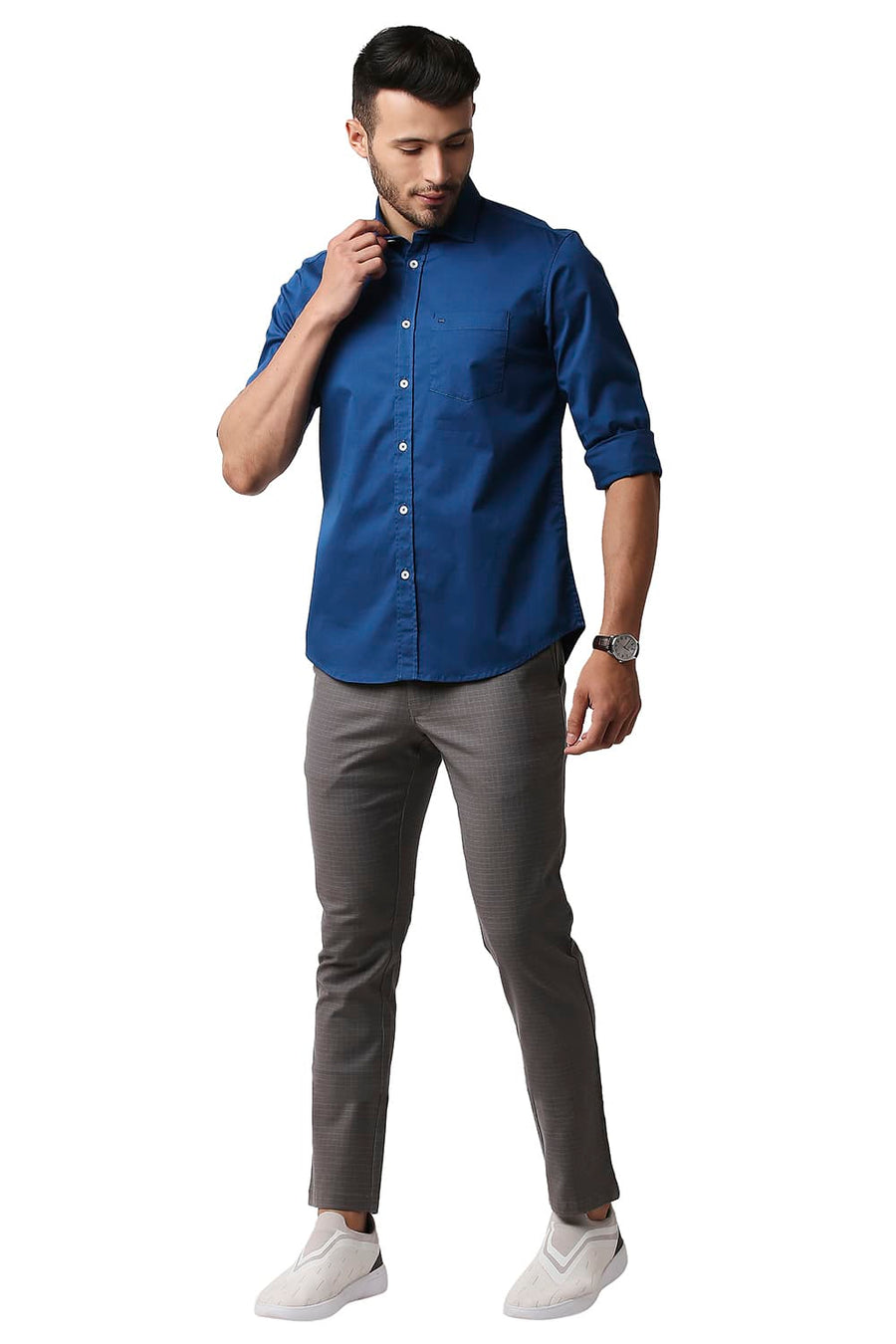 BASICS SLIM FIT FAIENCE BLUE TWILL STRETCH SHIRT