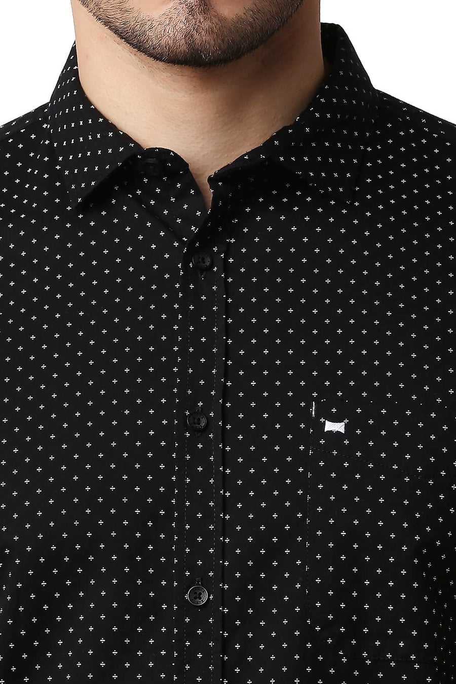 BASICS SLIM FIT NIGHT BLACK TWILL PRINTED SHIRT