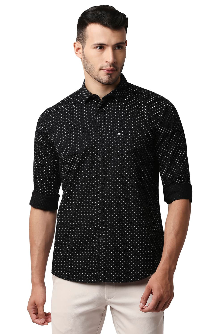 BASICS SLIM FIT NIGHT BLACK TWILL PRINTED SHIRT