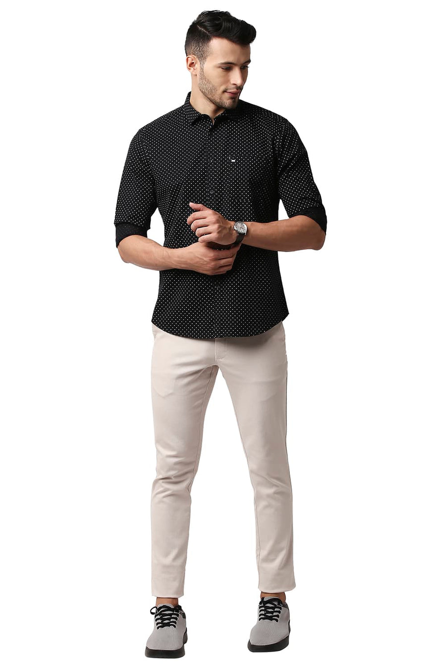 BASICS SLIM FIT NIGHT BLACK TWILL PRINTED SHIRT