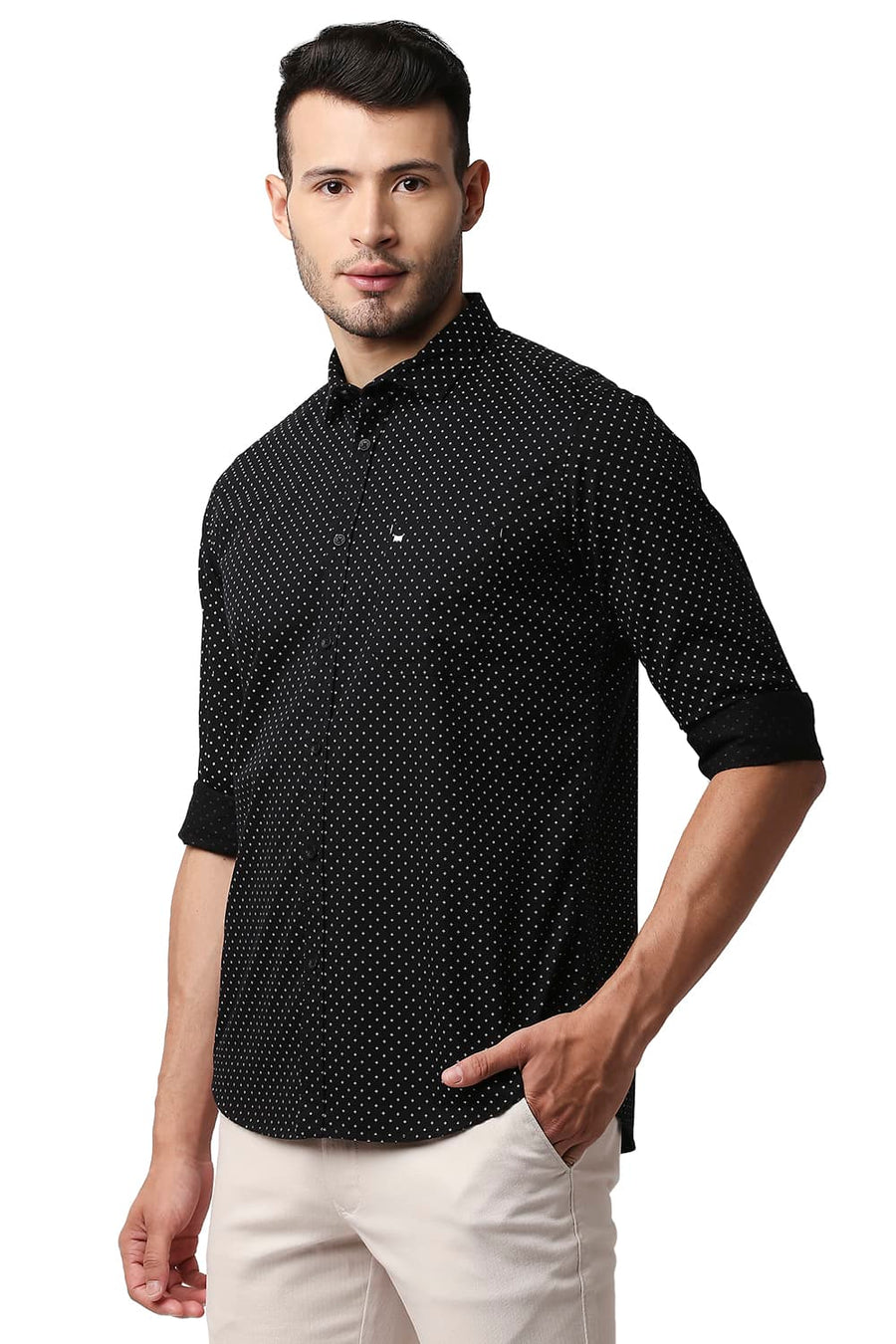 BASICS SLIM FIT NIGHT BLACK TWILL PRINTED SHIRT
