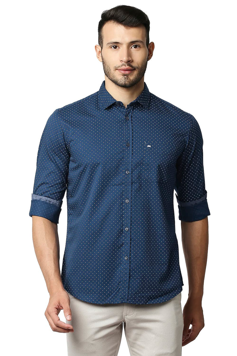 BASICS SLIM FIT POSEIDAN NAVY TWILL PRINTED SHIRT