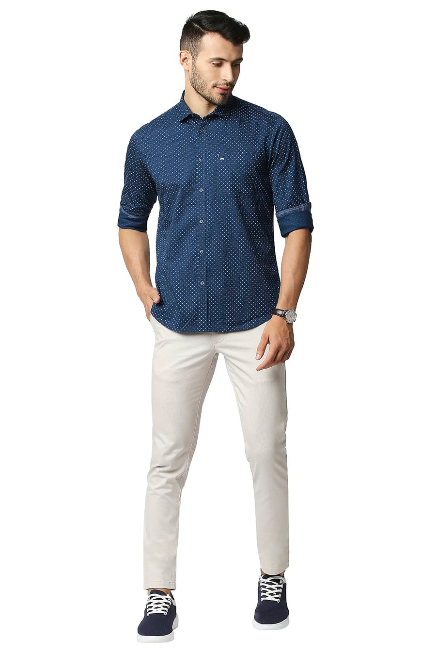 BASICS SLIM FIT POSEIDAN NAVY TWILL PRINTED SHIRT