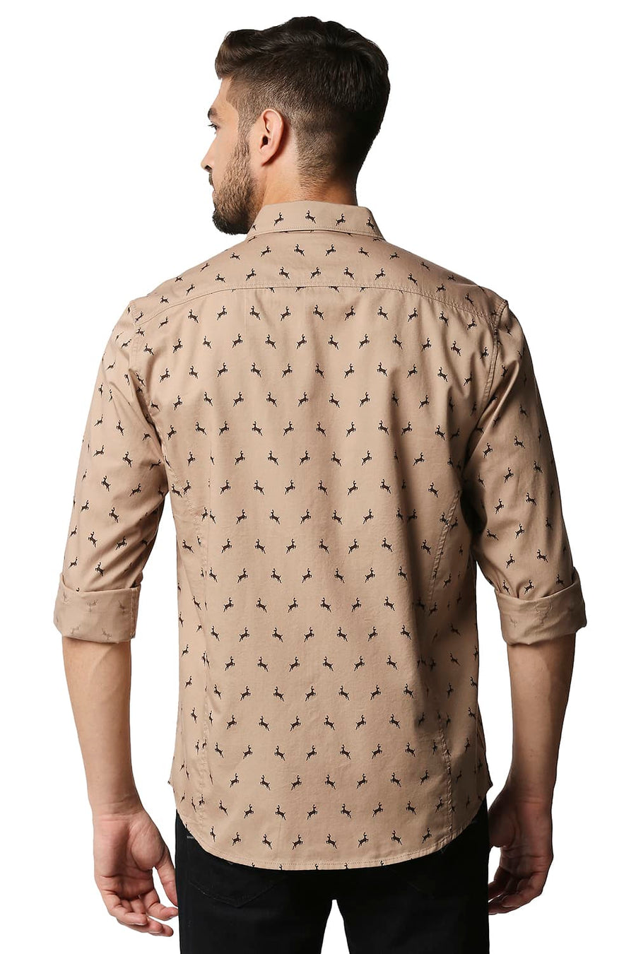 BASICS SLIM FIT ALMONDINE BROWN TWILL PRINTED SHIRT
