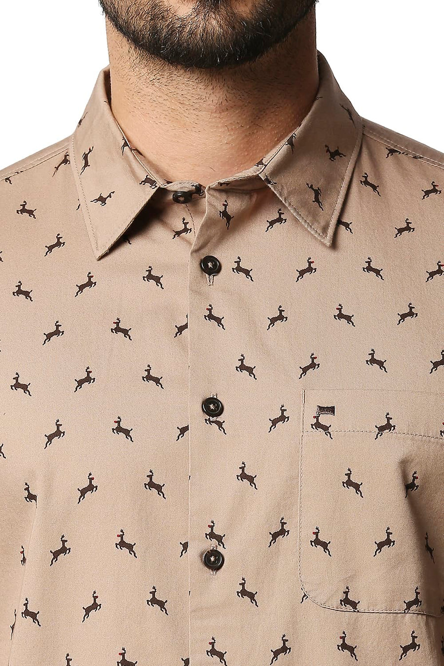 BASICS SLIM FIT ALMONDINE BROWN TWILL PRINTED SHIRT