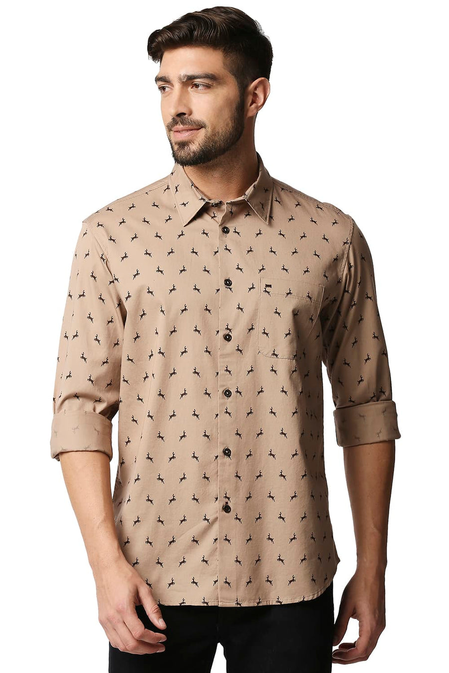 BASICS SLIM FIT ALMONDINE BROWN TWILL PRINTED SHIRT