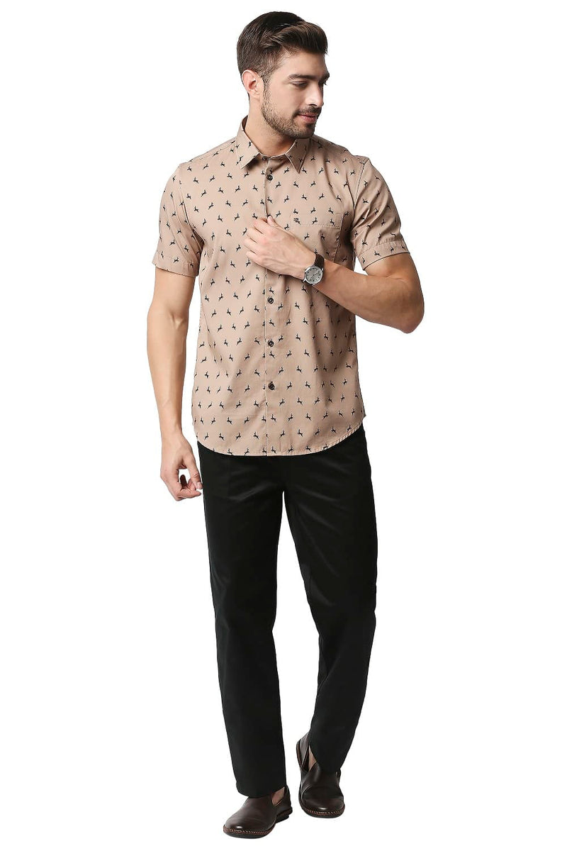 BASICS SLIM FIT TWILL PRINTED HALFSLEEVES SHIRT