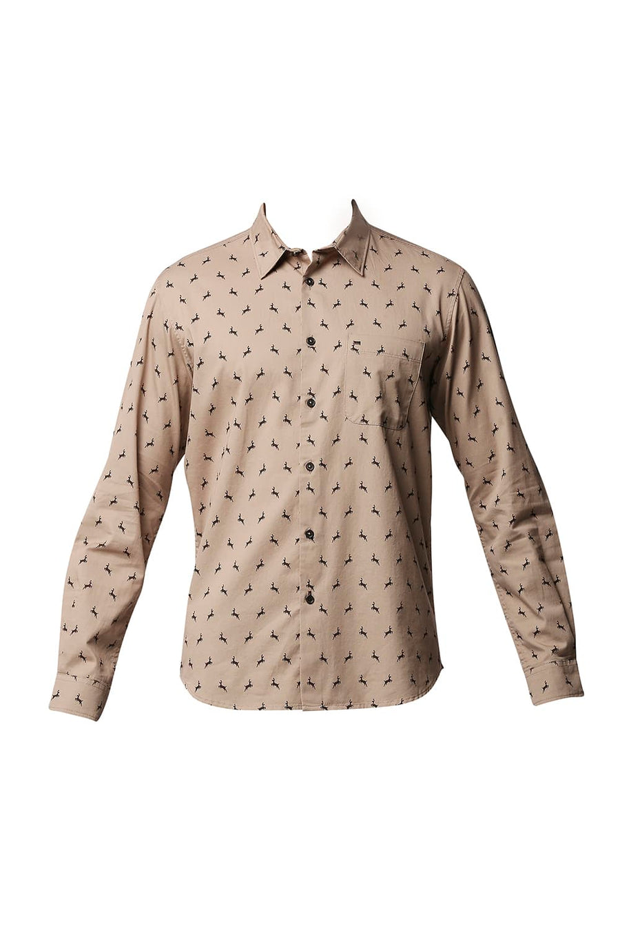 BASICS SLIM FIT ALMONDINE BROWN TWILL PRINTED SHIRT