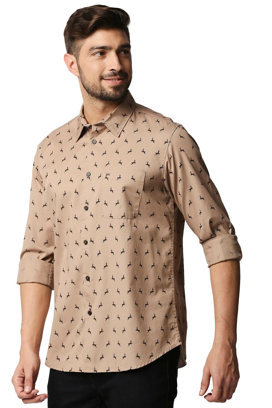 BASICS SLIM FIT ALMONDINE BROWN TWILL PRINTED SHIRT
